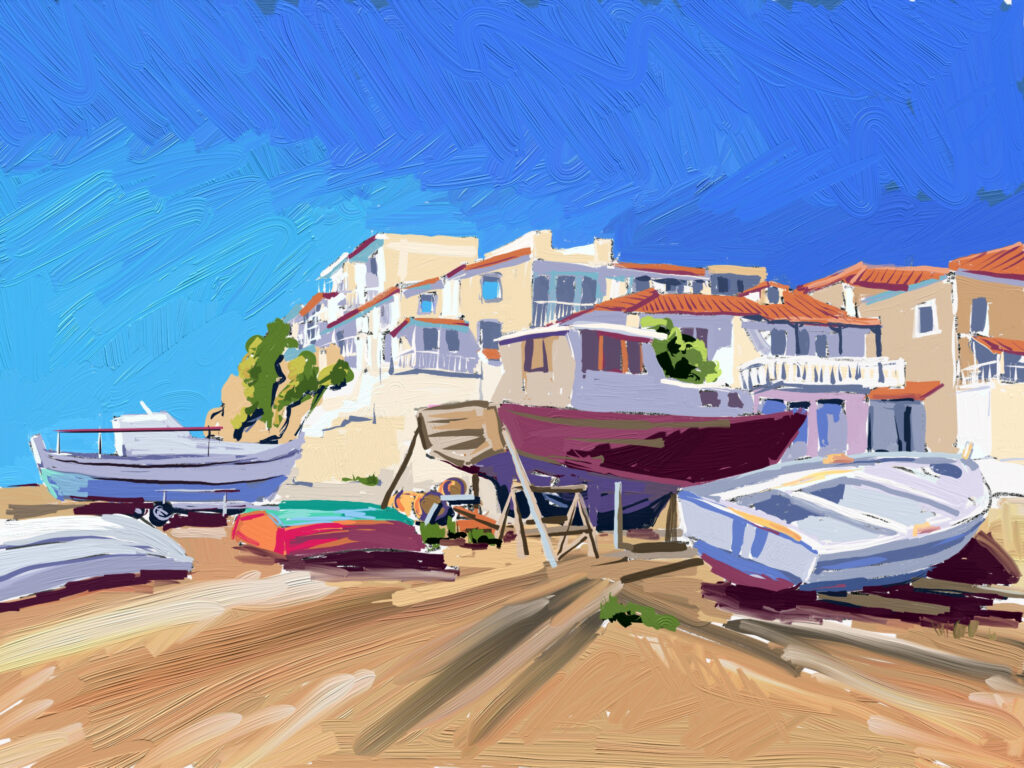 peinture numérique de béatrice aliamus, village sur la plage en grèce avec bateaus de pêche au sec