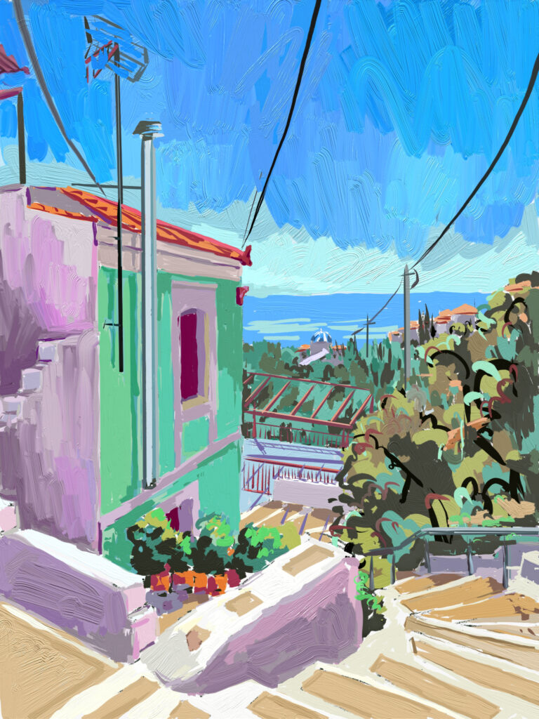 peinture numérique de béatrice aliamus, vue sur mer à Samos depuis le village de Marathokampos