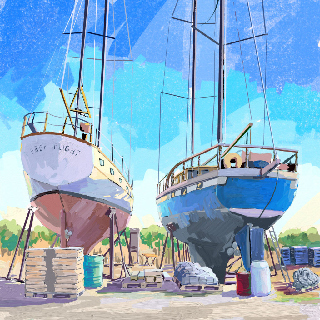 peinture numérique de béatrice aliamus, vieux bateaux en travaux de rénovation sur le quai à Messalonghi en grèce