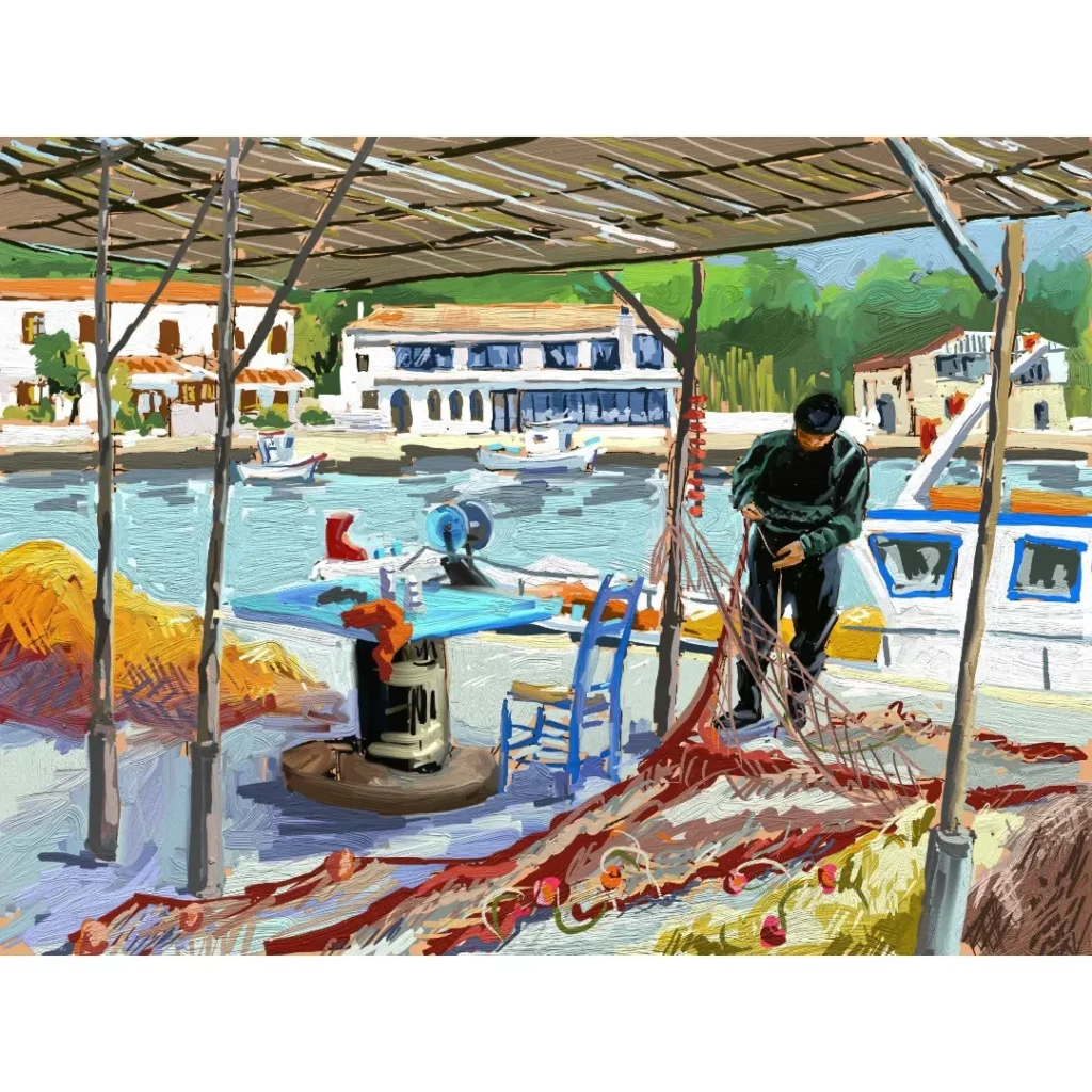 peinture numérique de béatrice aliamus, pêcheur démélant ses filets sur le quai