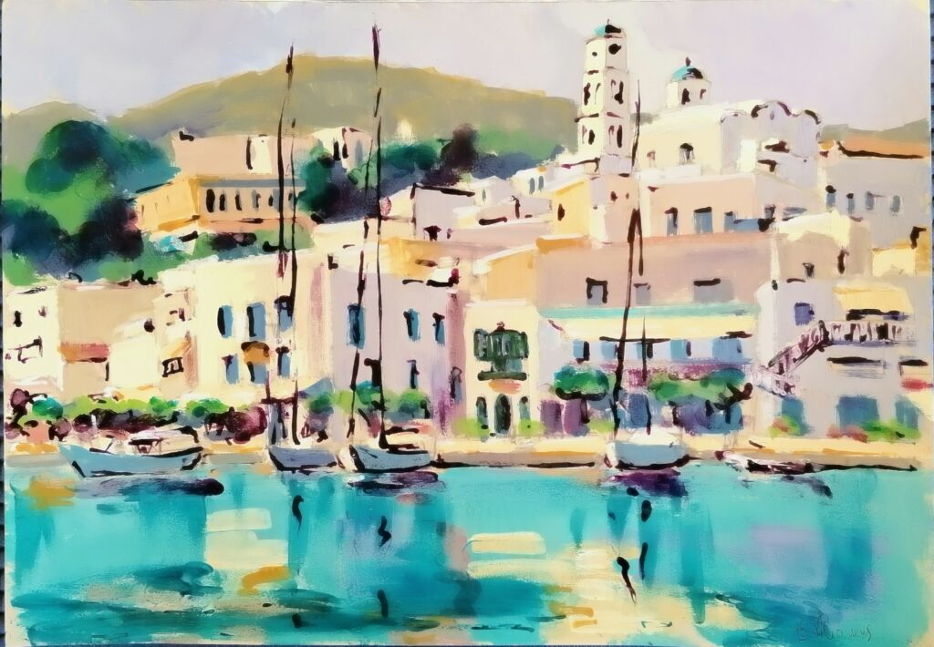 peinture numérique de béatrice aliamus sur un village de l'ile de Milos en grèce