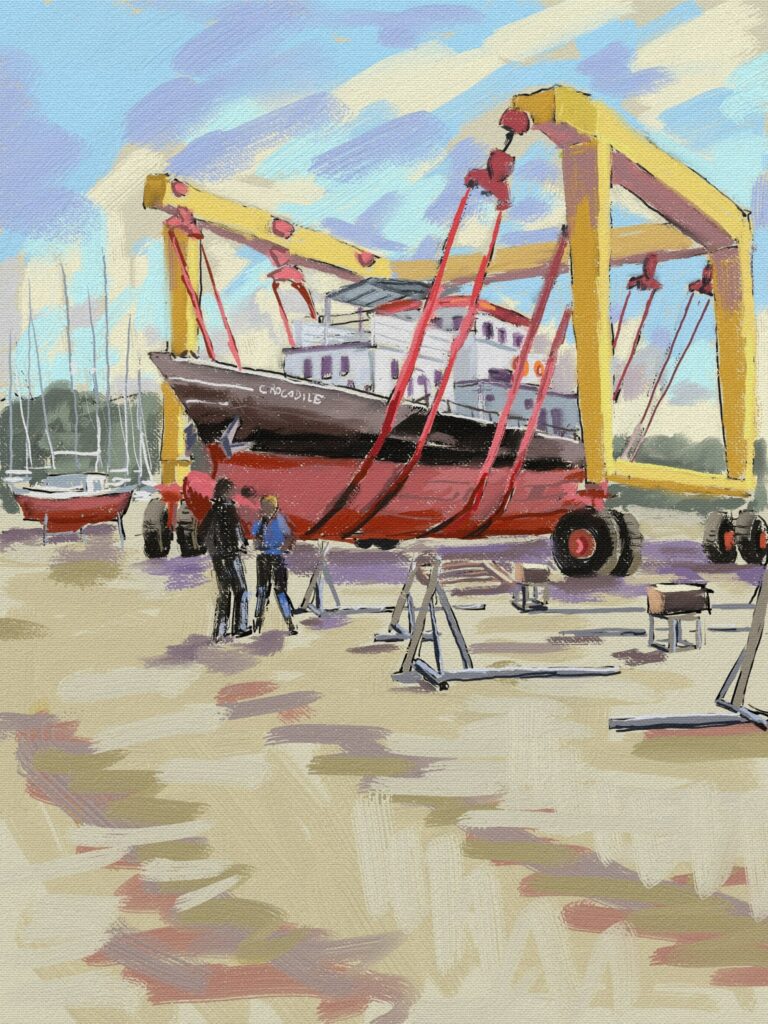 peinture numérique de béatrice aliamus, chantier de mise à l'eau d'un bateau en grèce