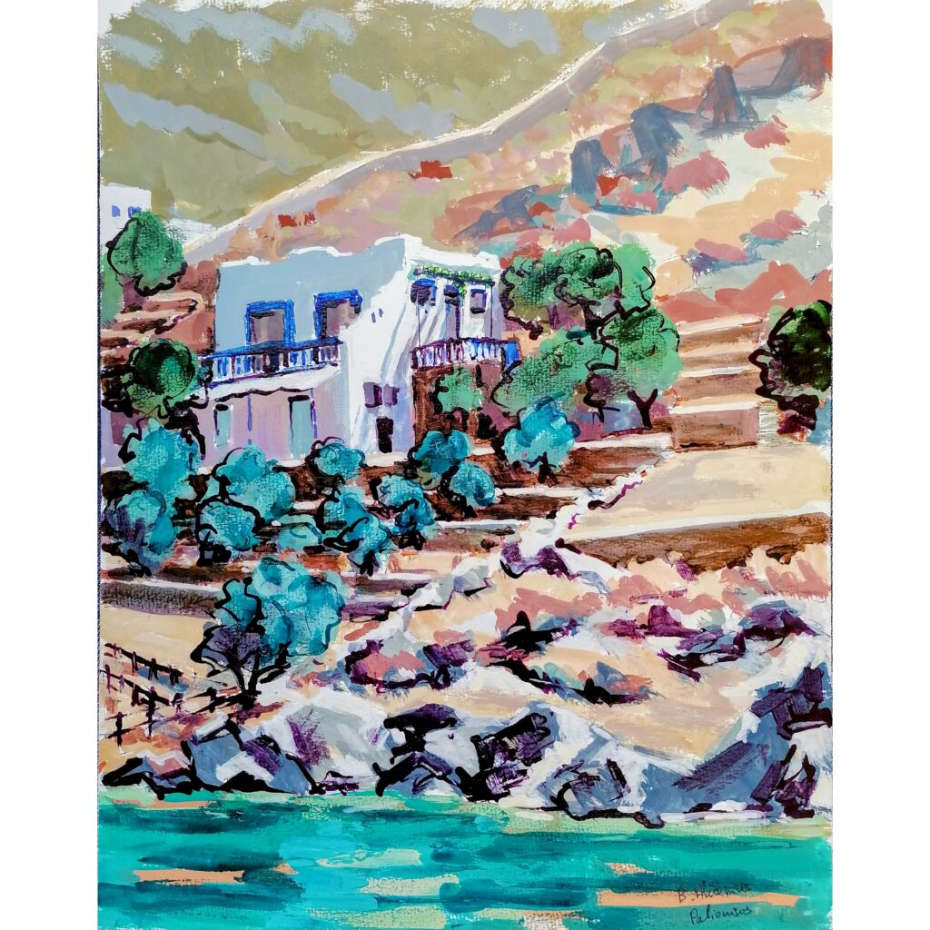 peinture numérique de béatrice aliamus, ile de Kalymnos en Grèce, mers maison blanche et rochers