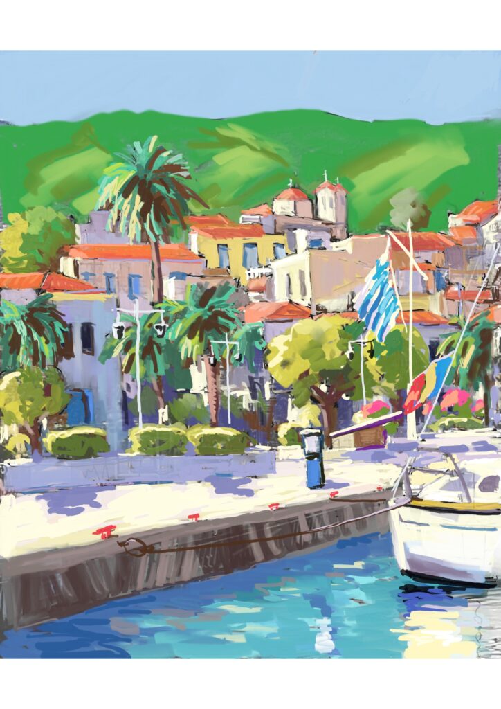 peinture numérique de béatrice aliamus, le quai de l'île de poros en grèce