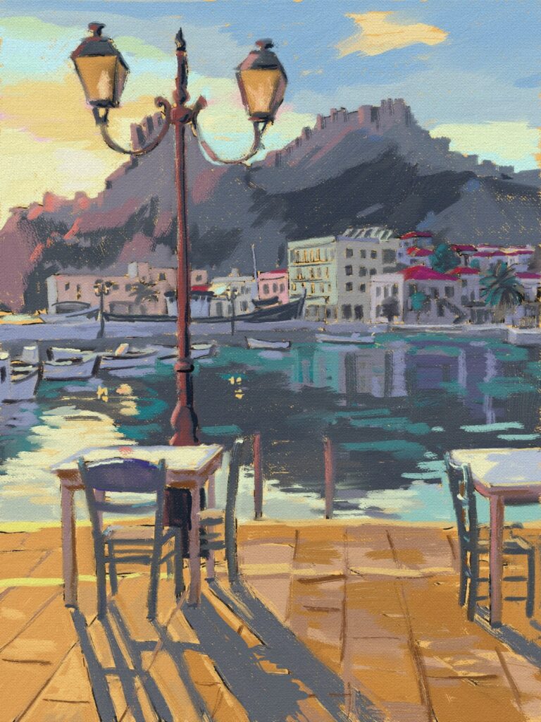 peinture numérique de béatrice aliamus, tombée du jour sur le quai et la terrasse de la taverna e ngrèce