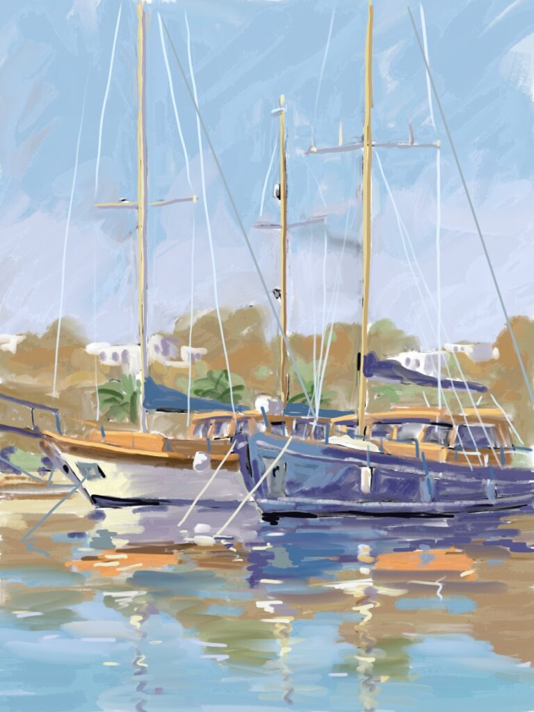 peinture numérique de béatrice aliamus, vieux bateaux au mouillage en grèce