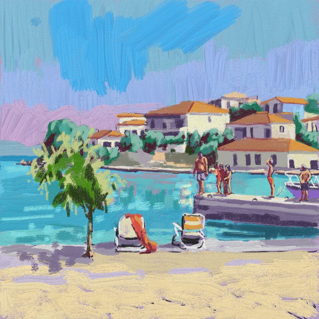peinture numérique de béatrice aliamus, la baignade sur la plage de l'ile de Trizonia dans le golfe de corinthe en grèce