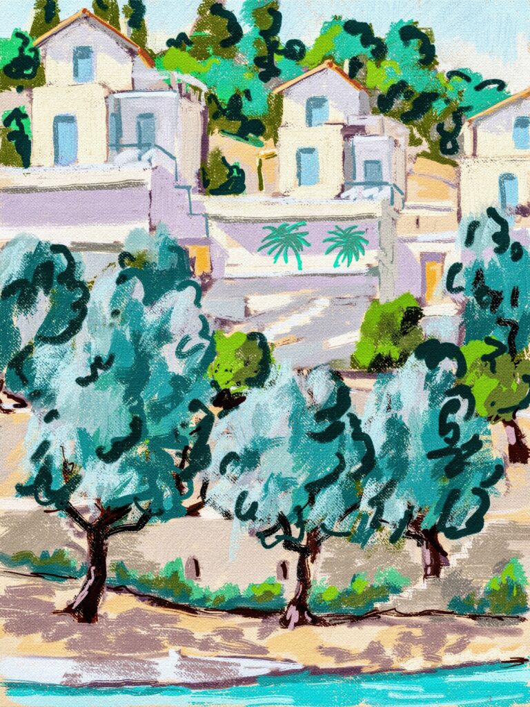 peinture numérique de béatrice aliamus, un village de vacances dans une baie de Meganisi, iles ioniennes