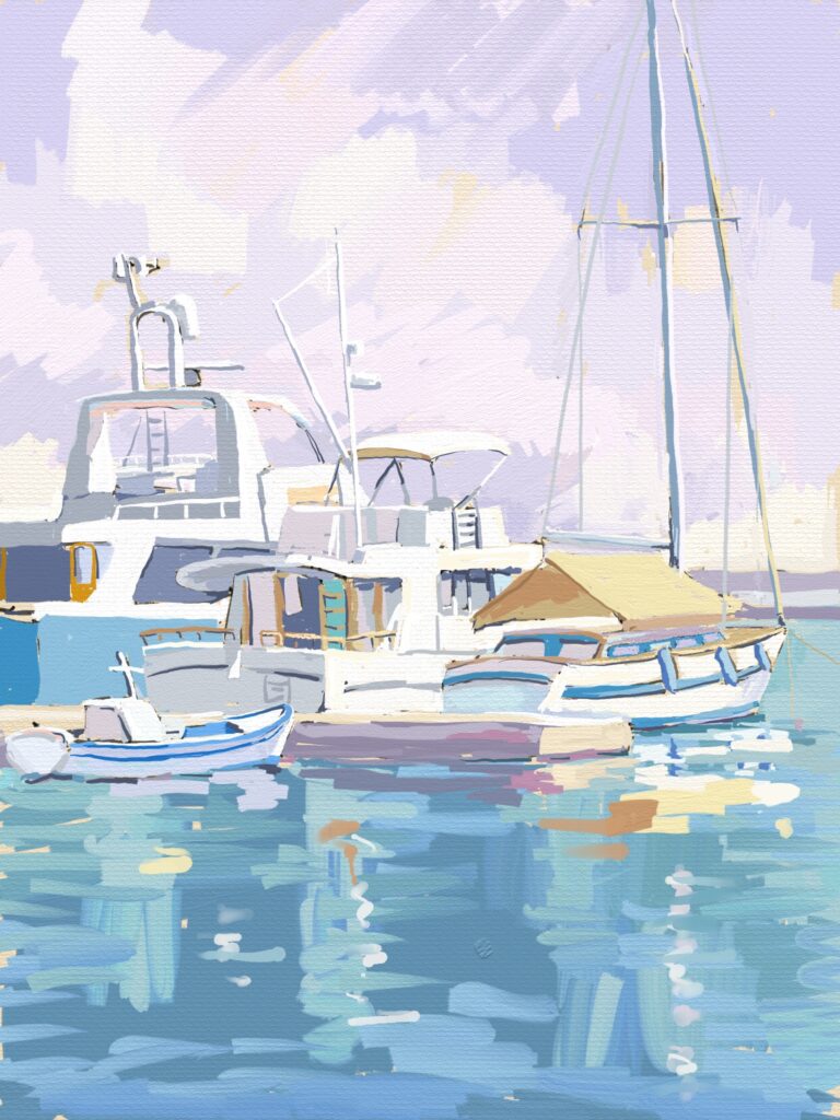 peinture numérique de béatrice aliamus, bateaux dans la marina en grèce à samos