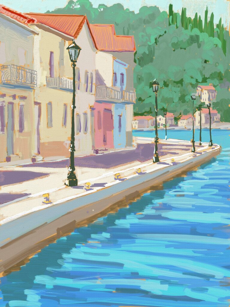 peinture numérique de béatrice aliamus, promenade le long du quai à Vathy sur l'ile d'Ithaque