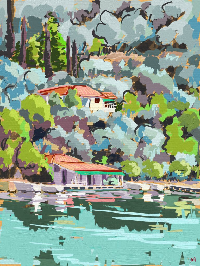 peinture numérique de béatrice aliamus, une taverna au bord de l'eau en grèce