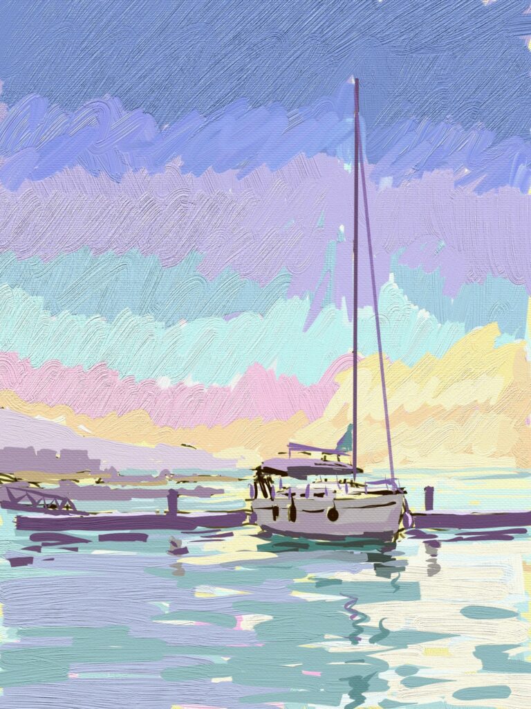 peinture numérique de béatrice aliamus, un bateau solitaire au ponton dans la lumière du soir