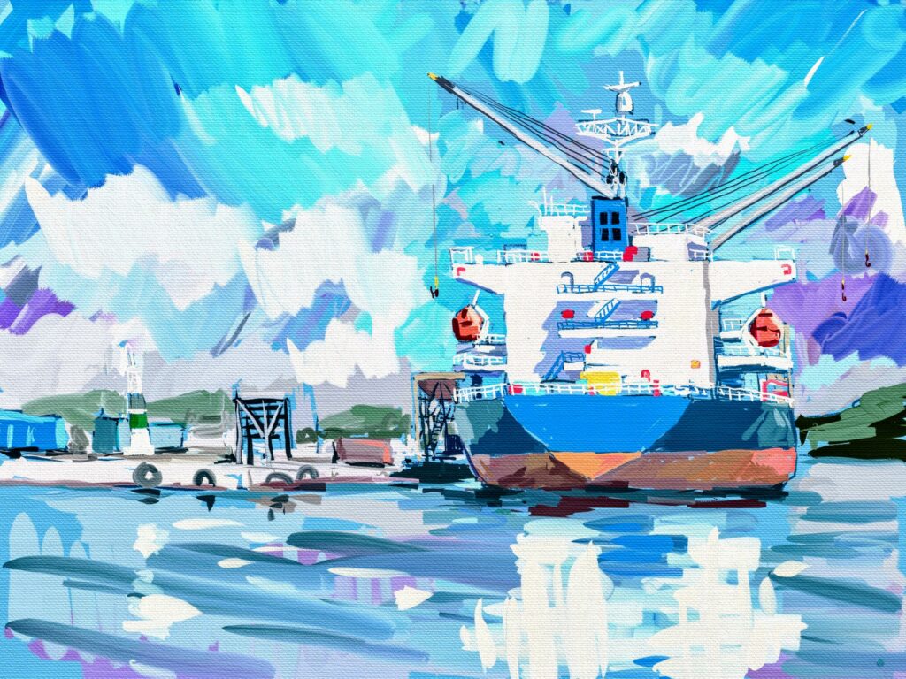 peinture numérique de béatrice aliamus, un cargo au mouillage devant le quai de déchargement