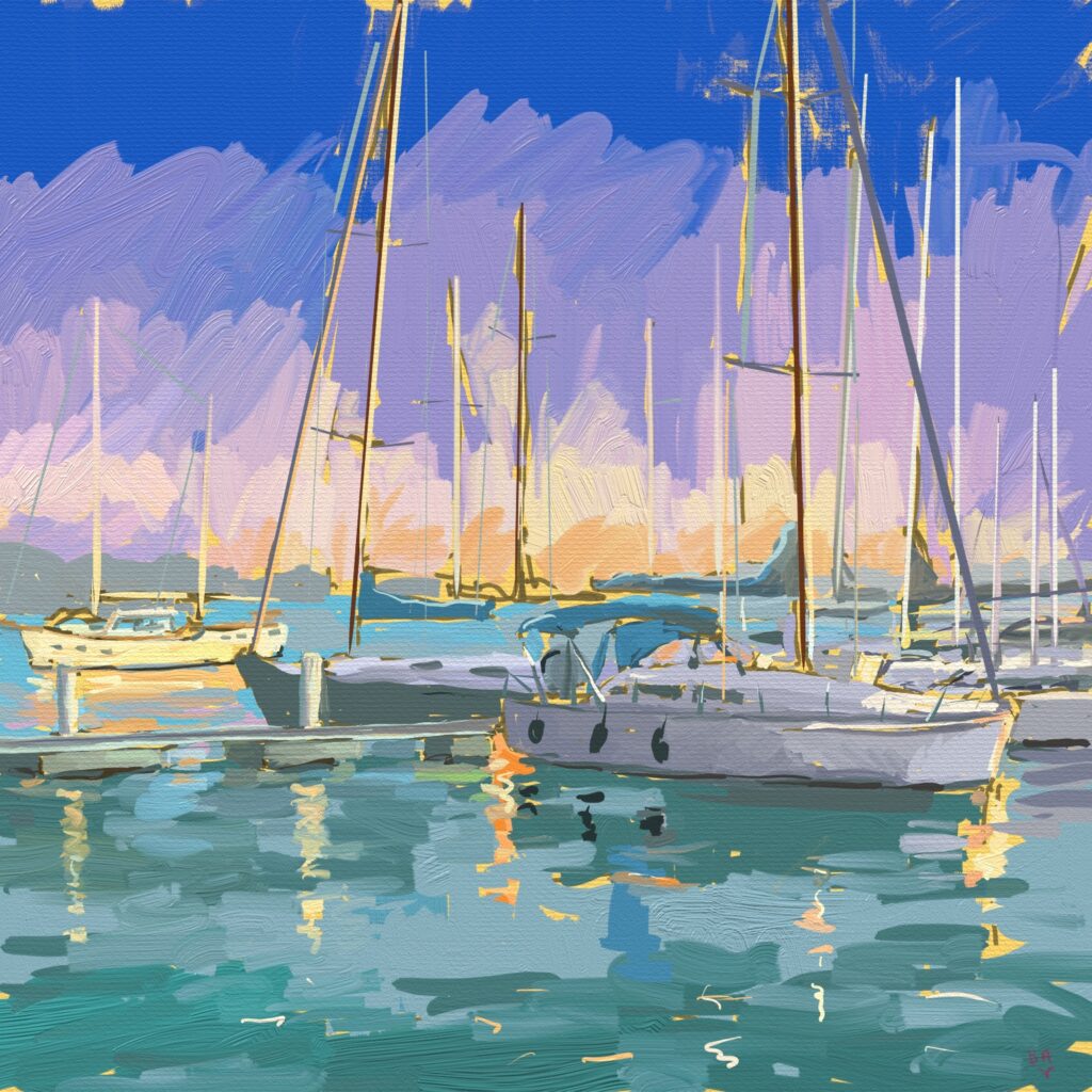 peinture numérique de béatrice aliamus, lumières du soir sur la marina en grèce, reflets