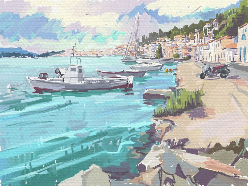 peinture numérique de béatrice aliamus, la ville de Poros et bateau de pêche en 1er plan