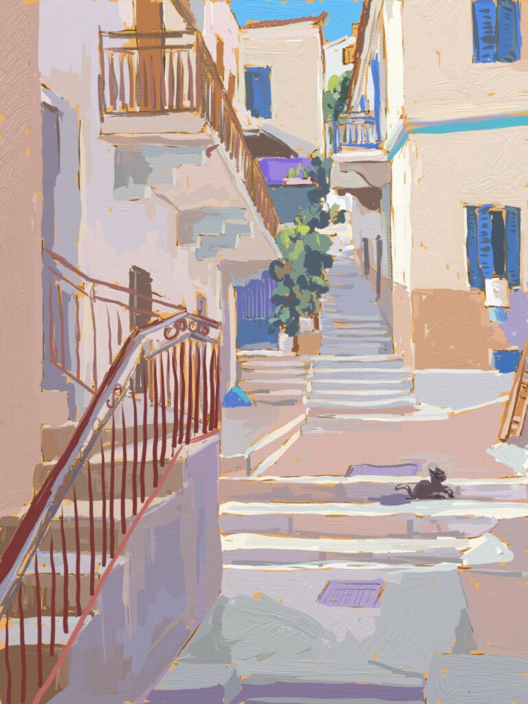 peinture numérique de béatrice aliamus, le chat dans une ruelle d'un village en grèce