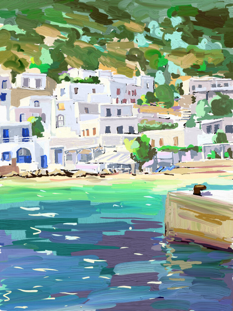 peinture numérique de béatrice aliamus, un village blanc se reflète dans la mer en grèce