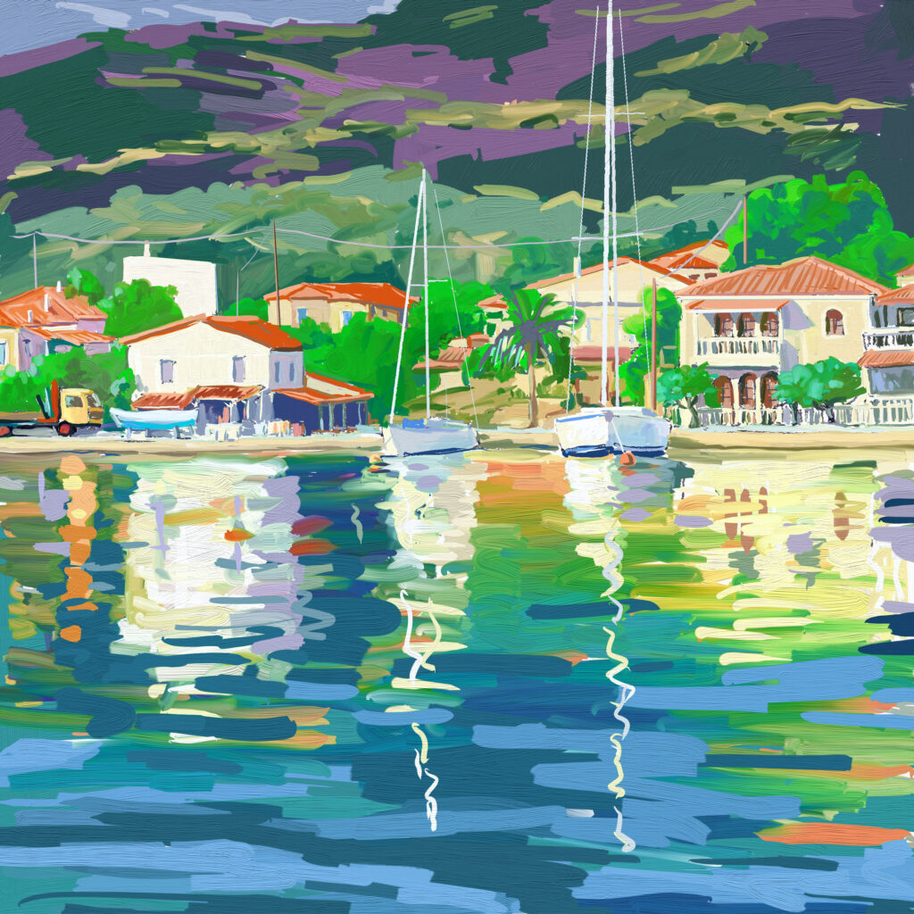 peinture numérique de béatrice aliamus, le quai de Trizonia, ile dans le golfe de corinthe en grèce