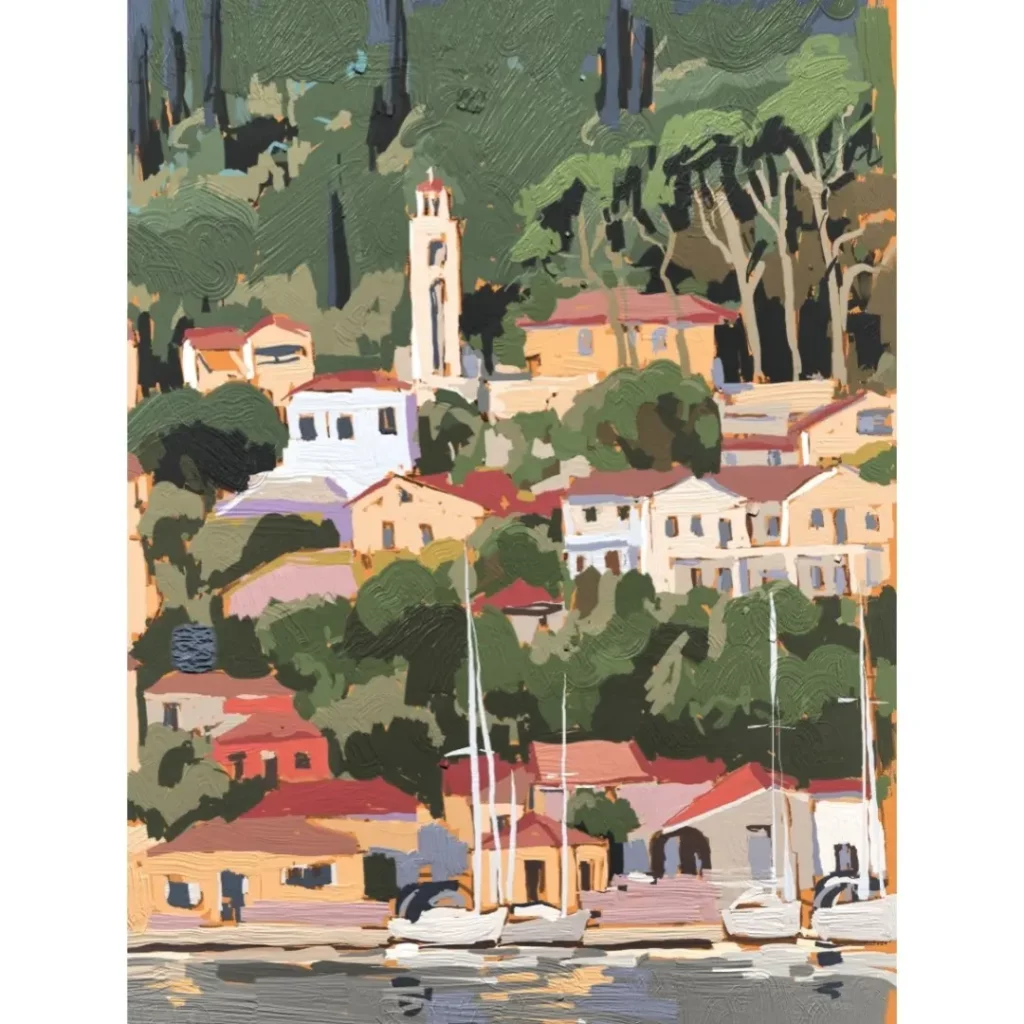 peinture numérique de béatrice aliamus, iles ioniennes, village et cyprès
