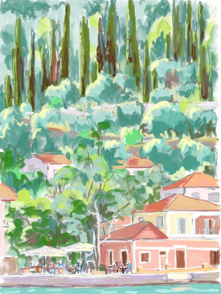 peinture numérique de béatrice aliamus sur une taverna à lthaque île ionienne