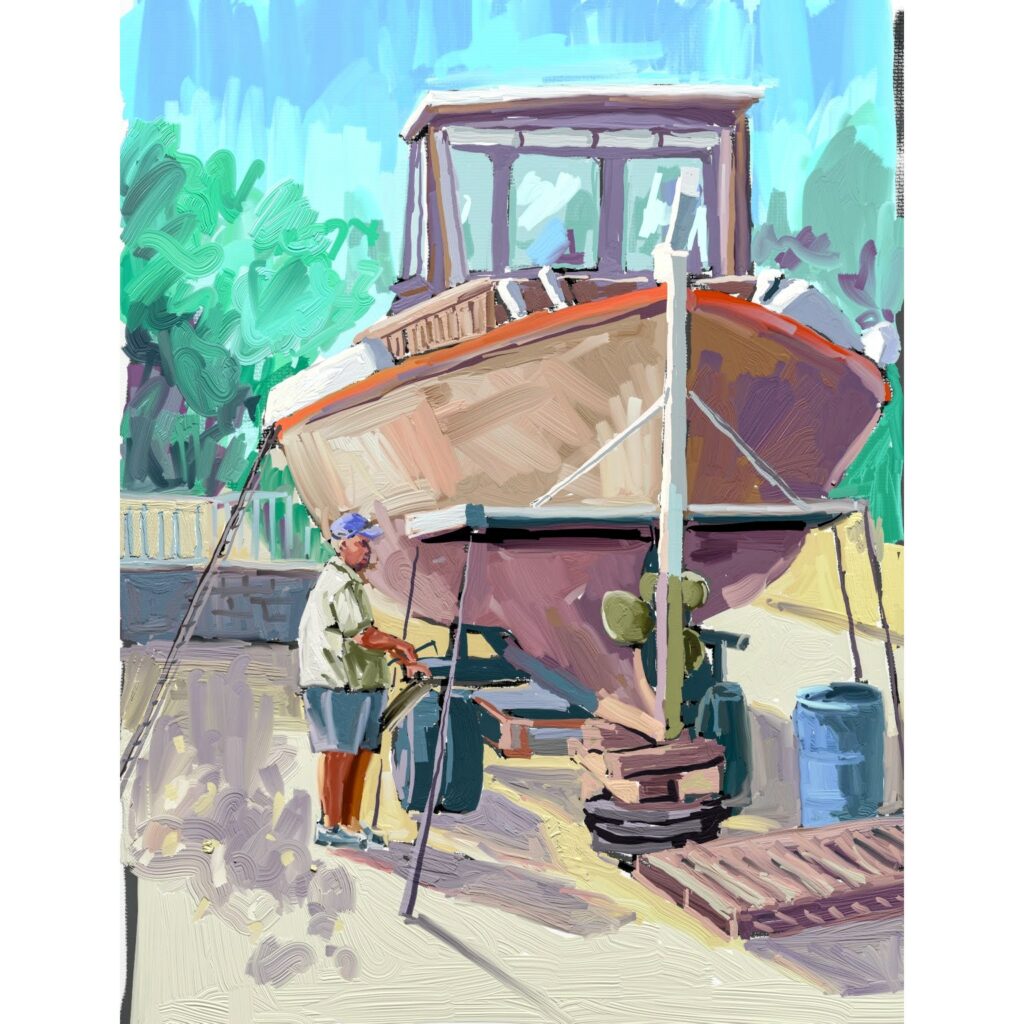 peinture numérique de béatrice aliamus, un homme entretien sa barque sur le terre-plein e ngrèce