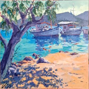 Barques de pêche, ile grecque Leros peinture à l'huile de béatrice aliamus,