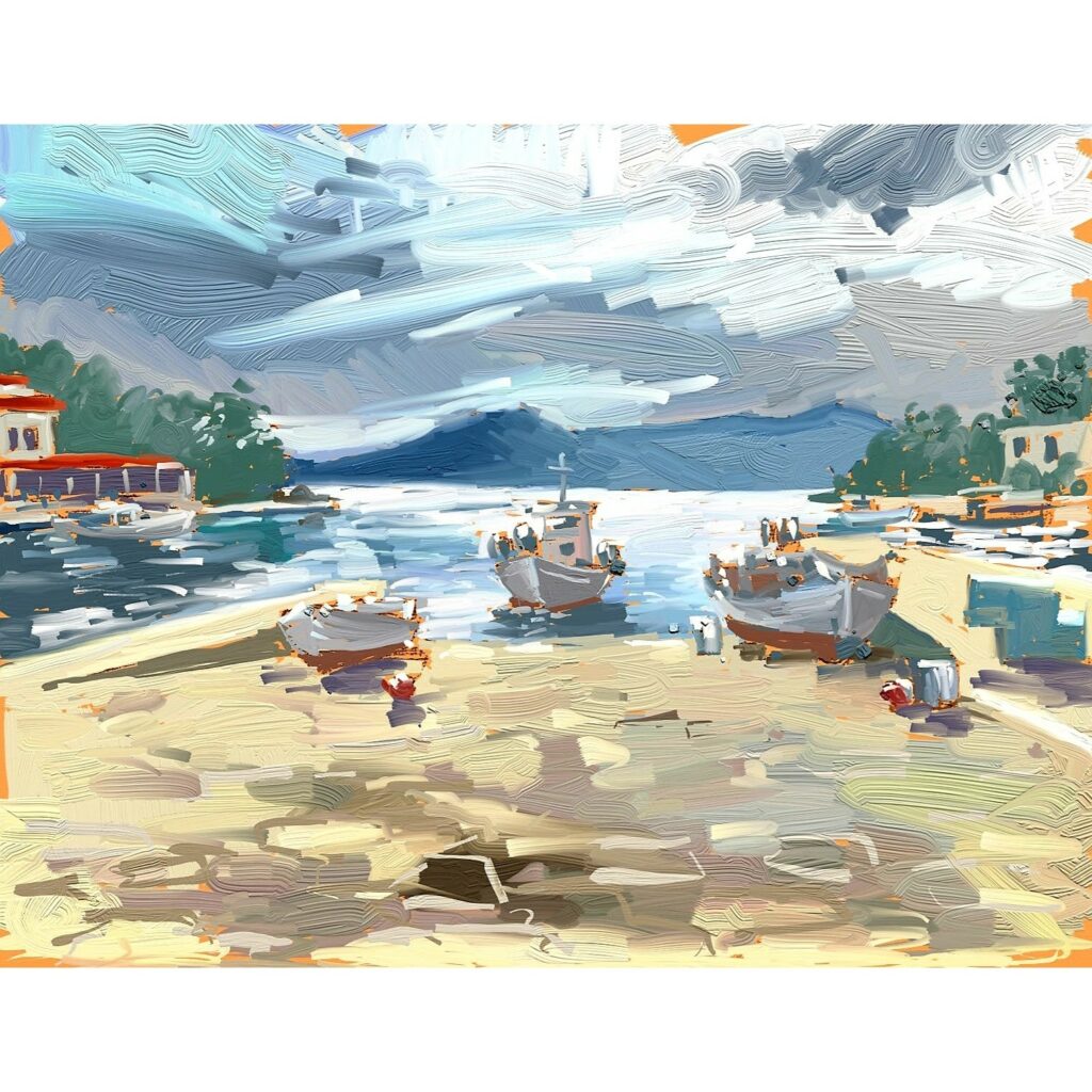 peinture numérique de béatrice aliamus, lumières d'orage sur le port de Methana en grèce