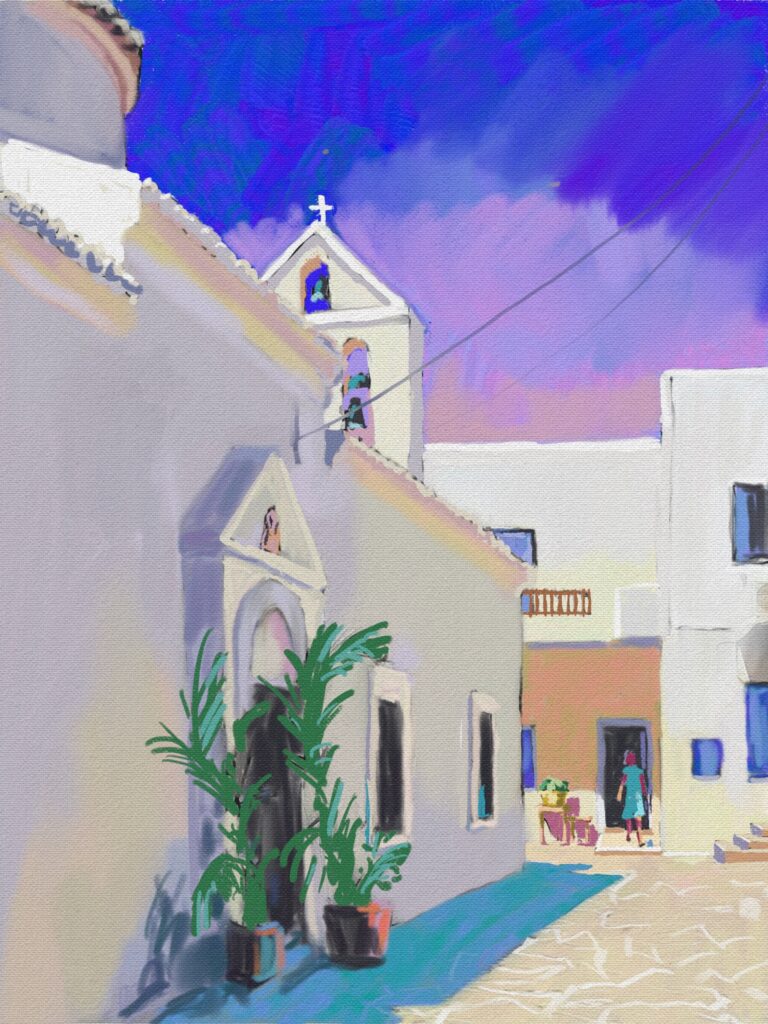 peinture numérique de béatrice aliamus, chapelle grecque et maisons dans la chora de Kithnos