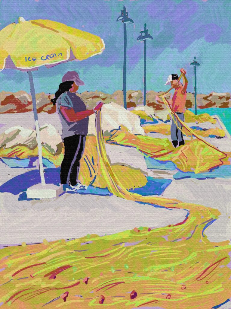 peinture numérique de béatrice aliamus, couple de pêcheurs sur le quai à Kithnos en grèce