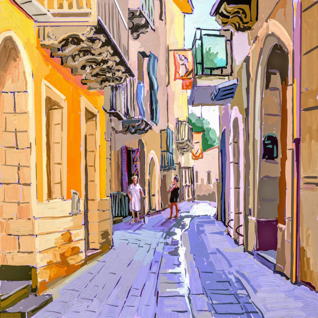 peinture numérique de béatrice aliamus, ruelle typique de village en sicile avec personnages
