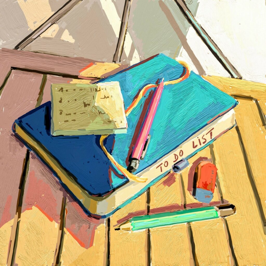 peinture numérique par béatrice aliamus avec carnet et crayon sur un caillebotis