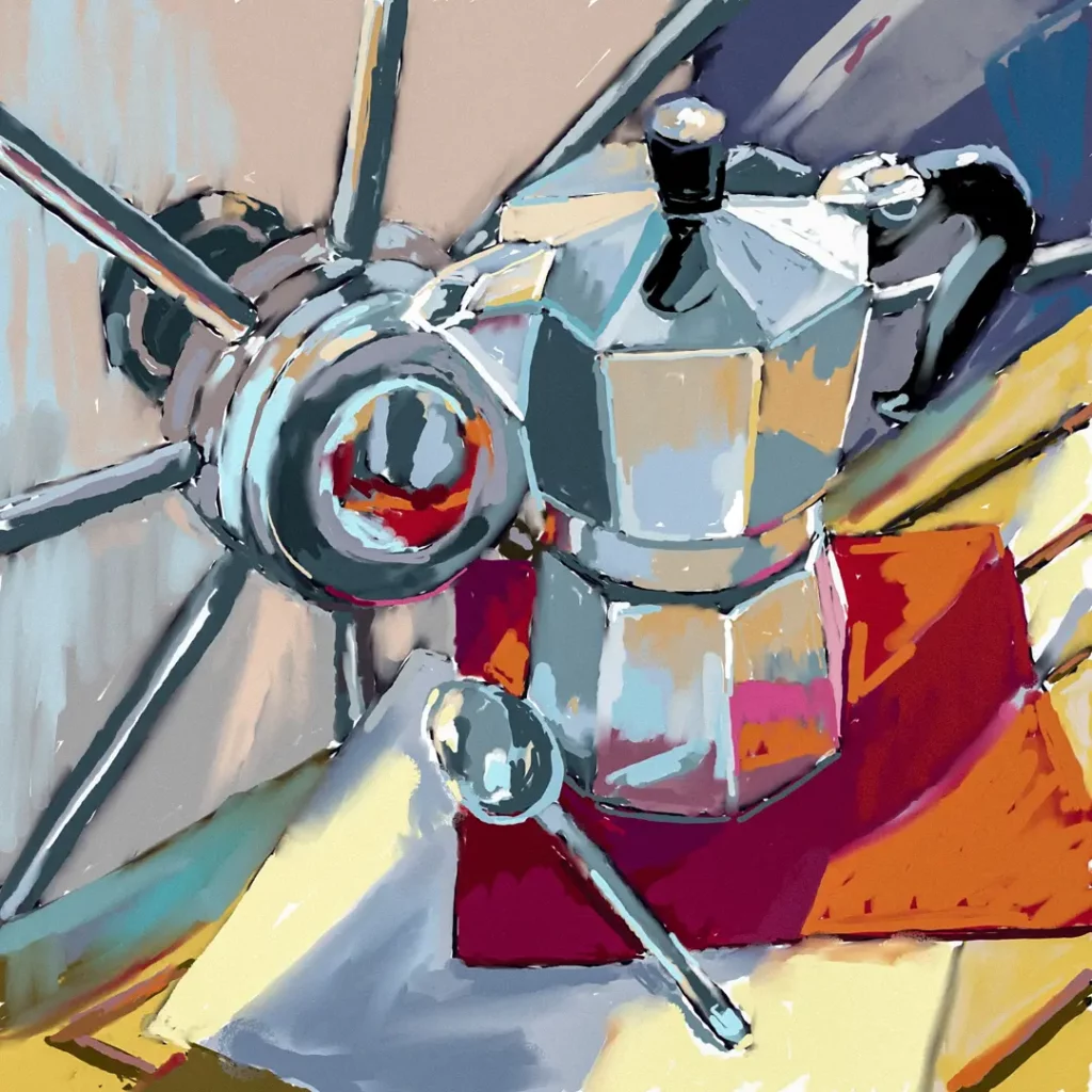 peinture numérique par béatrice aliamus ave cafetière moka et barre à roue