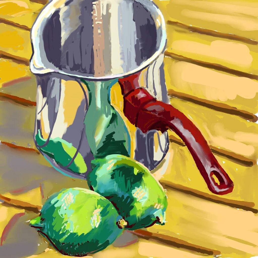 peinture numérique par béatrice aliamus avec citrons et pot à café