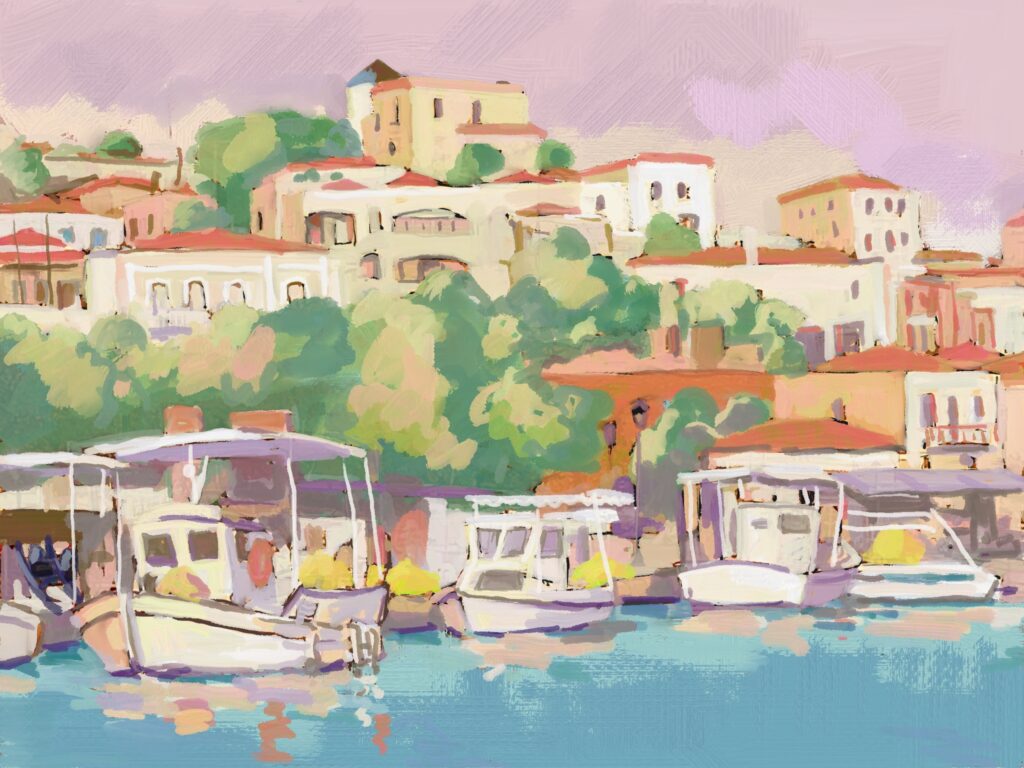 peinture numérique de béatrice aliamus, bateaux dans le port au pied du village