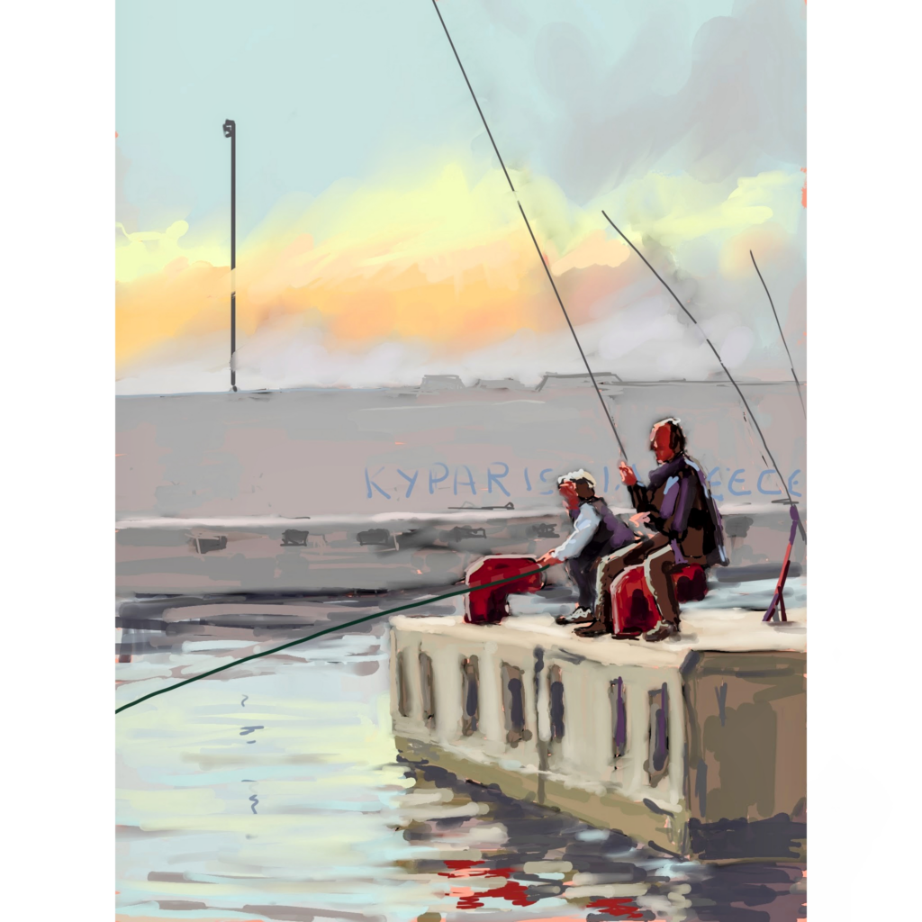 peinture numérique de béatrice aliamus, pêcheurs à la ligne au bout du quai au soleil couchant