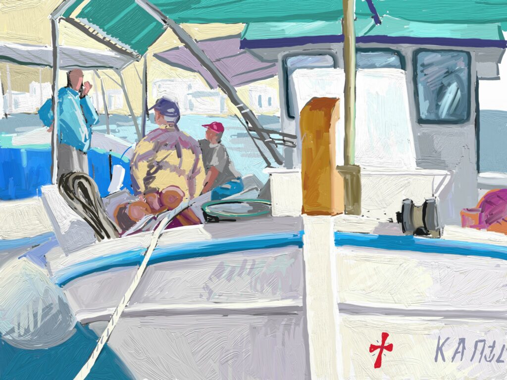 peinture numérique de béatrice aliamus, pêcheurs dans un bateau en grèce qui bavardent